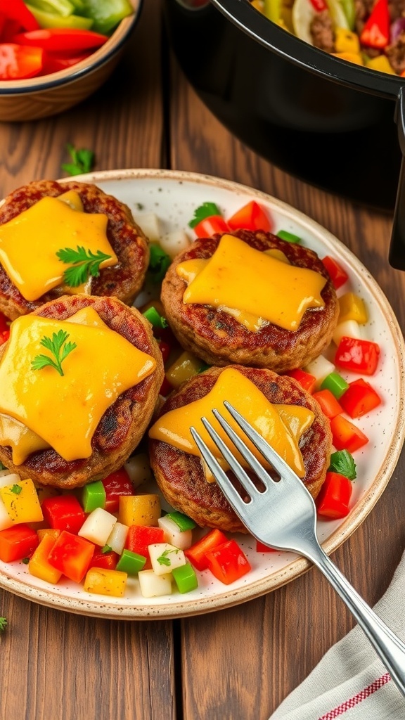 Air Fryer Ground Beef Dinner Recipe A flavorful air fryer ground beef dinner with cheese, bell peppers, and onions on a wooden table.